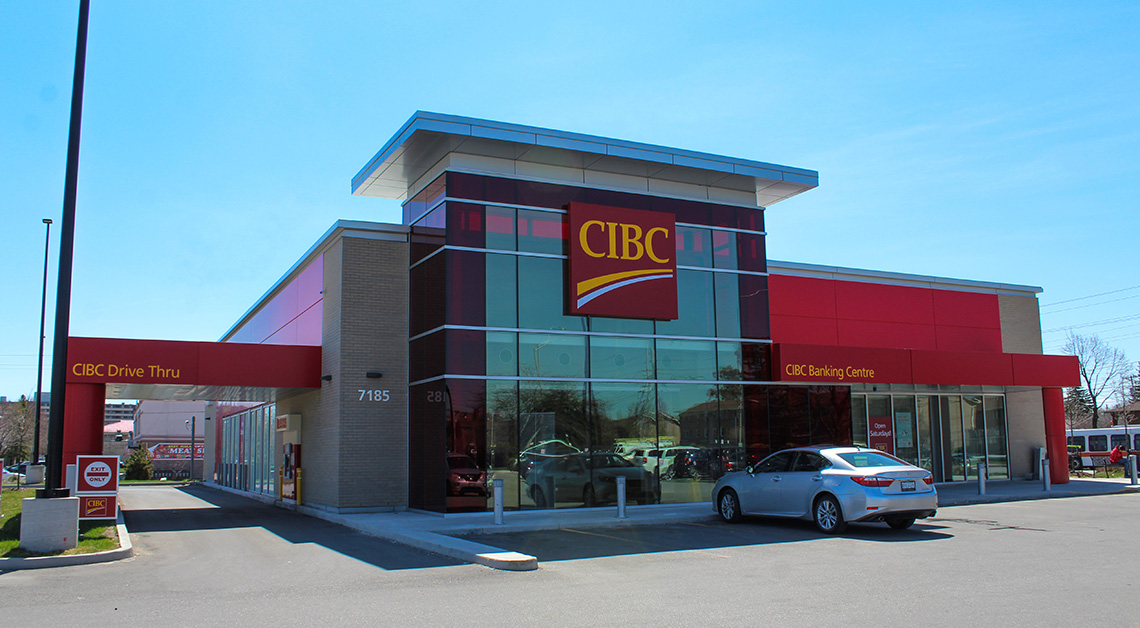 CIBC banking centre in North America featuring a contemporary design with Aluminum Composite Panels (ACM panels) cladding material on its exterior