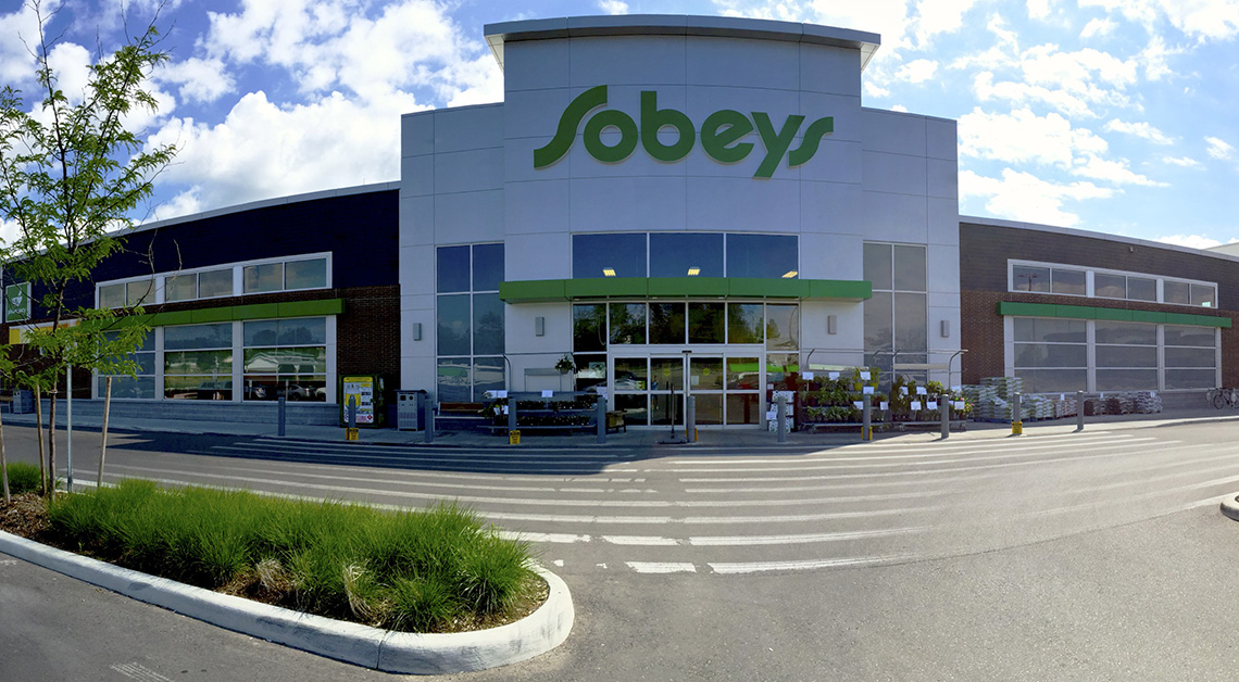 Sobeys grocery store in North America featuring a modern exterior design with cladding made of Aluminum Composite Panels (ACM panels)